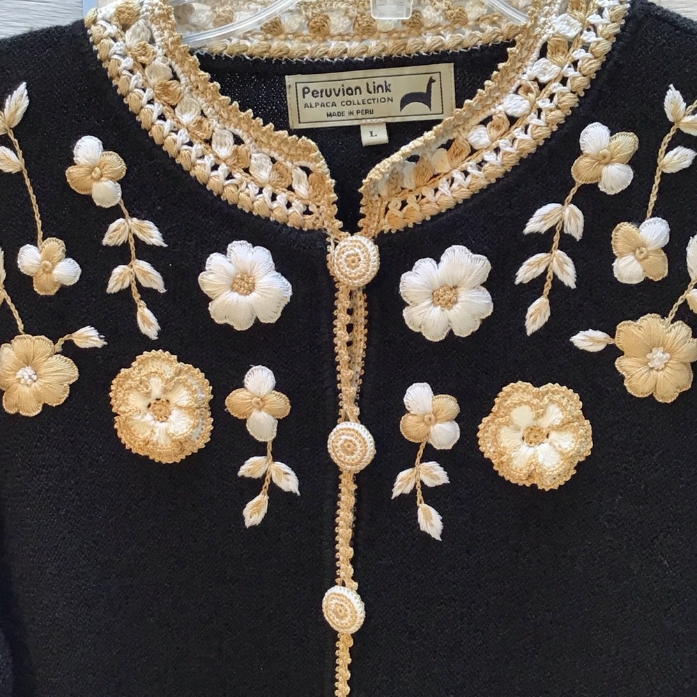 Peruvian Connection Black and Cream Floral Cardigan - Picture 6 of 8